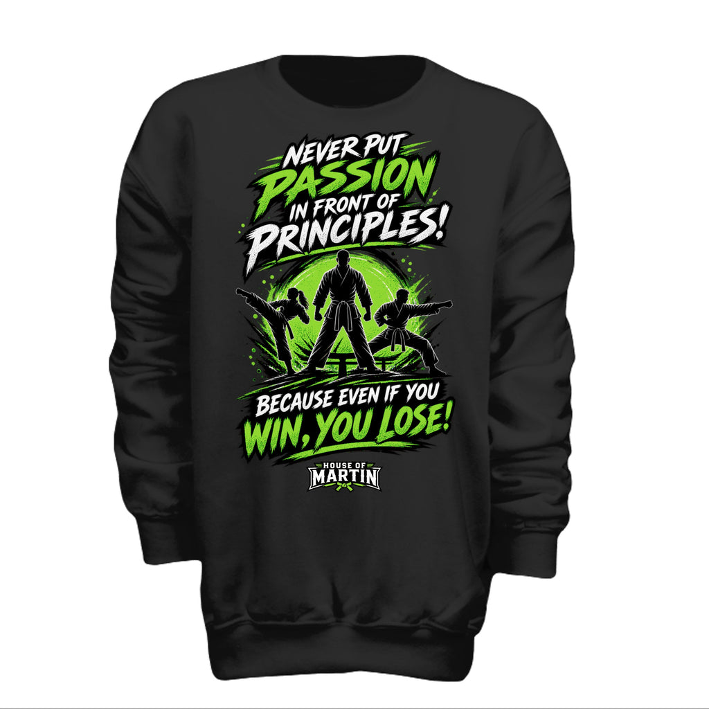 Passion over Principle  youth tee in black, front view by House of Martin Designs