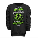 Passion over Principle  youth tee in black, front view by House of Martin Designs