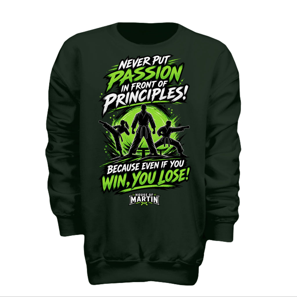 Passion over Principle  youth tee in forest green, front view by House of Martin Designs