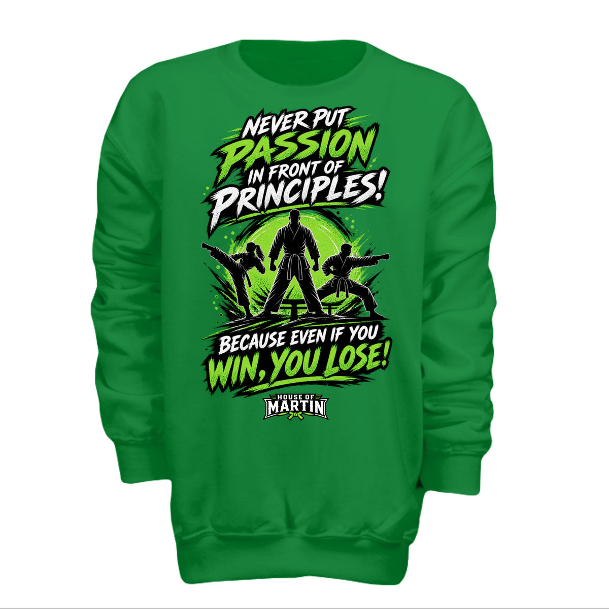Passion over Principle  youth tee in Irish Green, front view by House of Martin Designs
