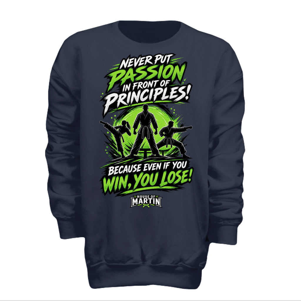 Passion over Principle  youth tee in Navy, front view by House of Martin Designs