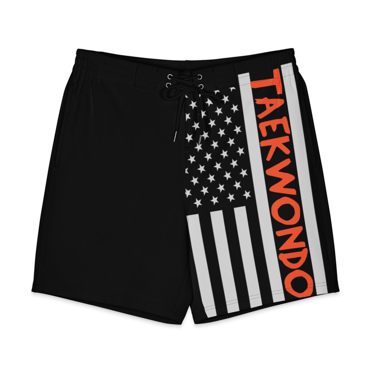 Taekwondo American Flag board shorts, front view by House of Martin Designs