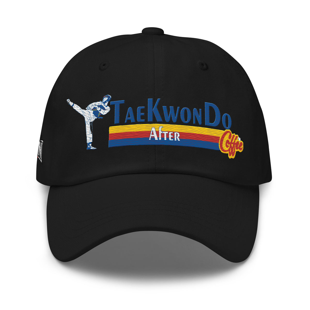 Taekwondo After Coffee dad hat in black, front view by House of Martin Designs