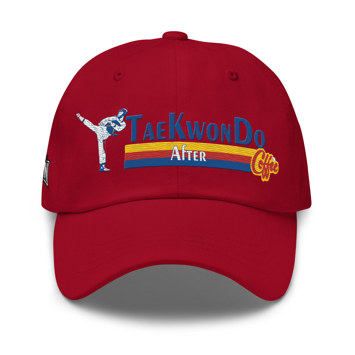 Taekwondo After Coffee dad hat in cranberry, front view by House of Martin Designs