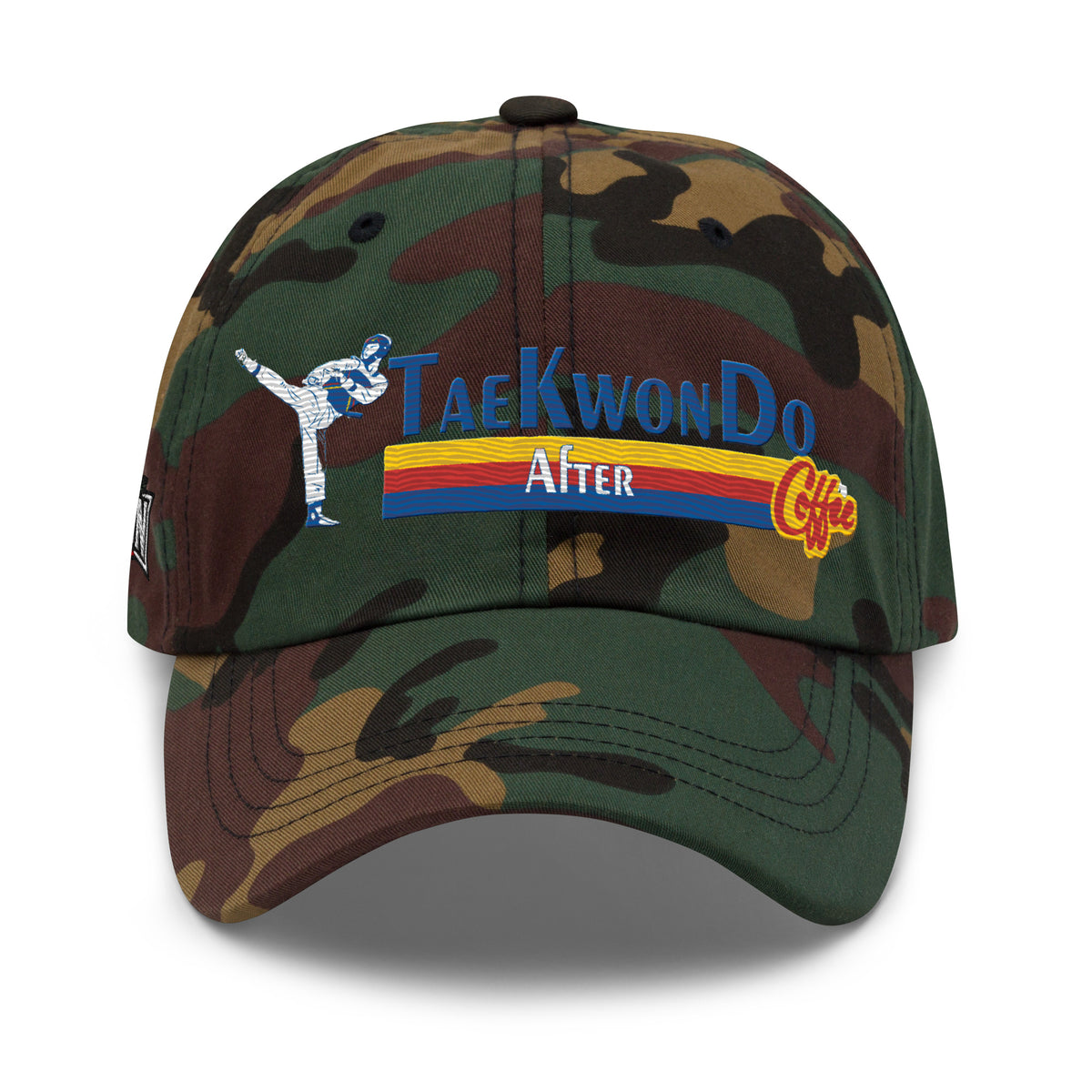 Taekwondo After Coffee dad hat in green camo, front view by House of Martin Designs