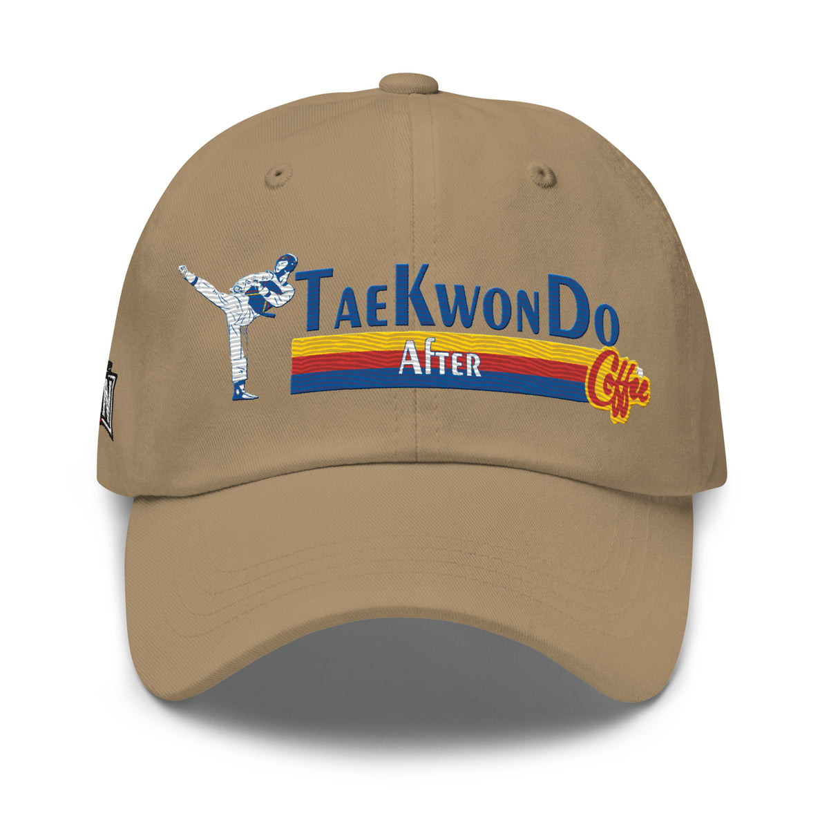 Taekwondo After Coffee dad hat in khaki, front view by House of Martin Designs