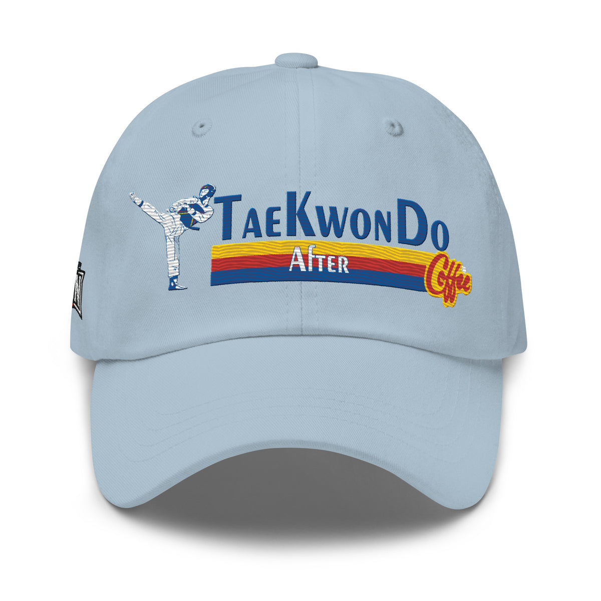 Taekwondo After Coffee dad hat in light blue, front view by House of Martin Designs