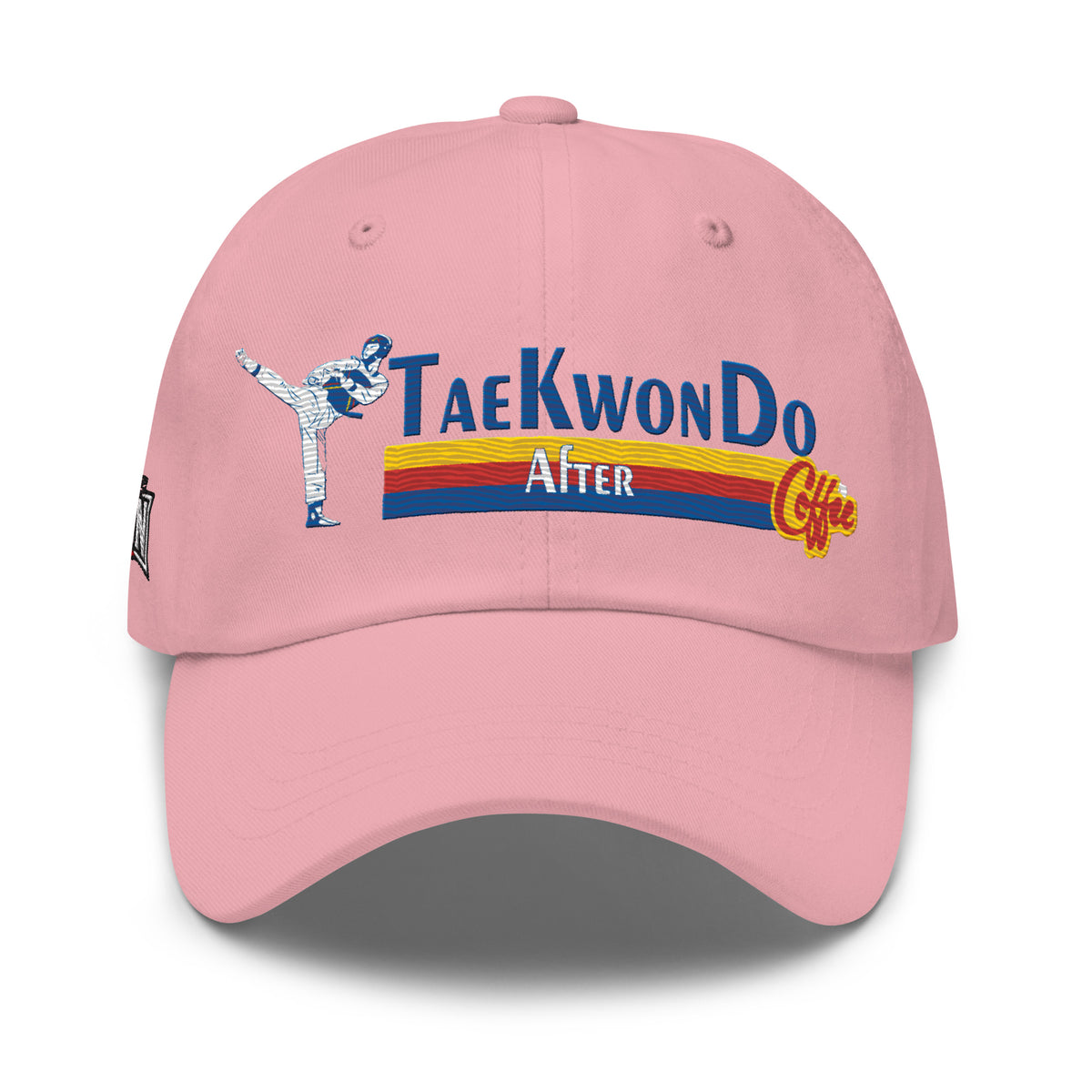 Taekwondo After Coffee dad hat in pink, front view by House of Martin Designs