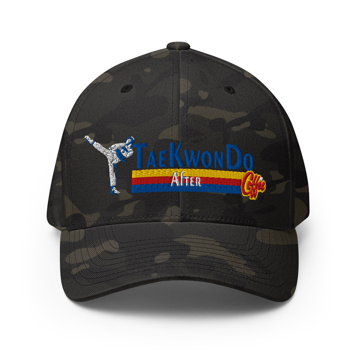 Taekwondo After Coffee structured cap in multicam black, front view by House of Martin Designs