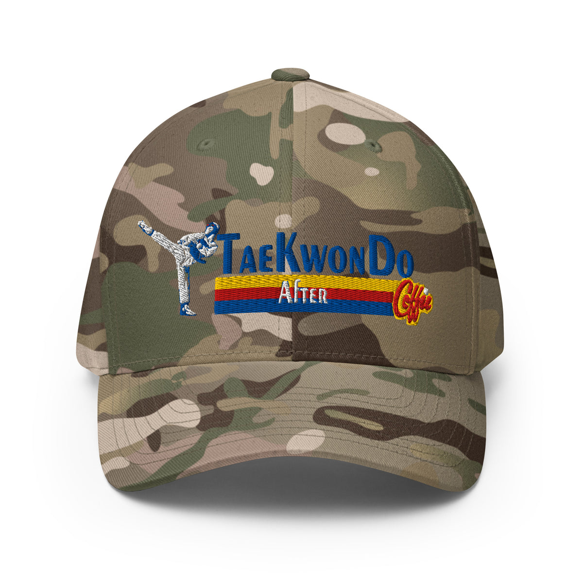 Taekwondo After Coffee structured cap in multicam green, front view by House of Martin Designs