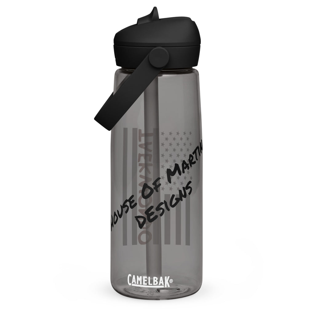 Taekwondo American Flag water bottle in charcoal, front view by House of Martin Designs