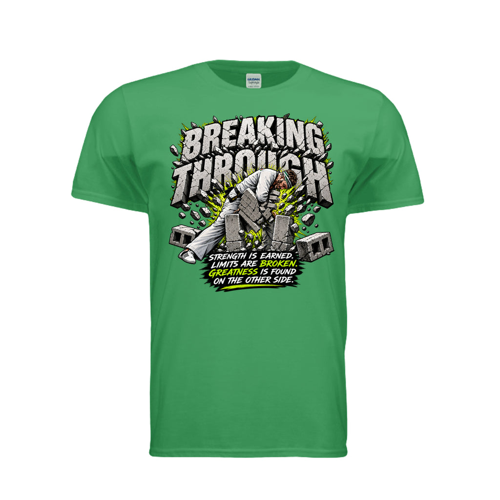 Breaking Through men's tee in irish green, front view by House of Martin Designs