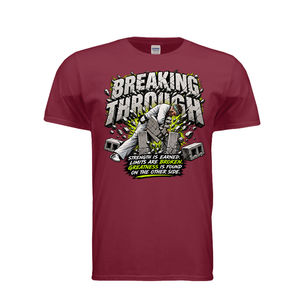 Breaking Through men's tee in cardinal red, front view by House of Martin Designs