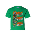 Train to Master youth tee in irish green, front view by House of Martin Designs