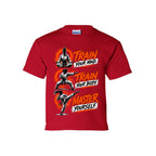 Train to Master youth tee in cherry red, front view by House of Martin Designs