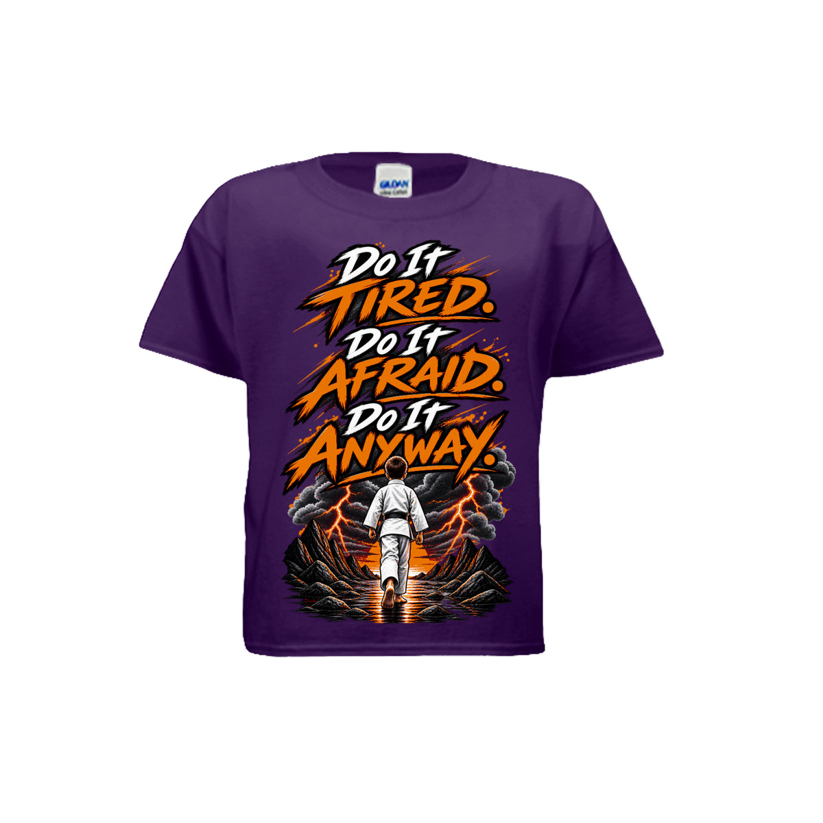 Chase the Storm youth tee in purple, front view by House of Martin Designs