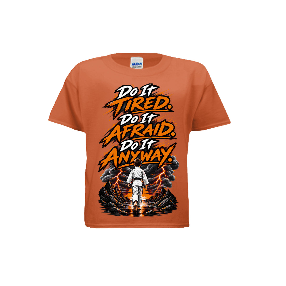 Chase the Storm youth tee in orange, front view by House of Martin Designs