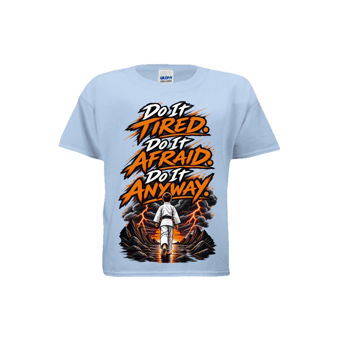 Chase the Storm youth tee in light blue, front view by House of Martin Designs