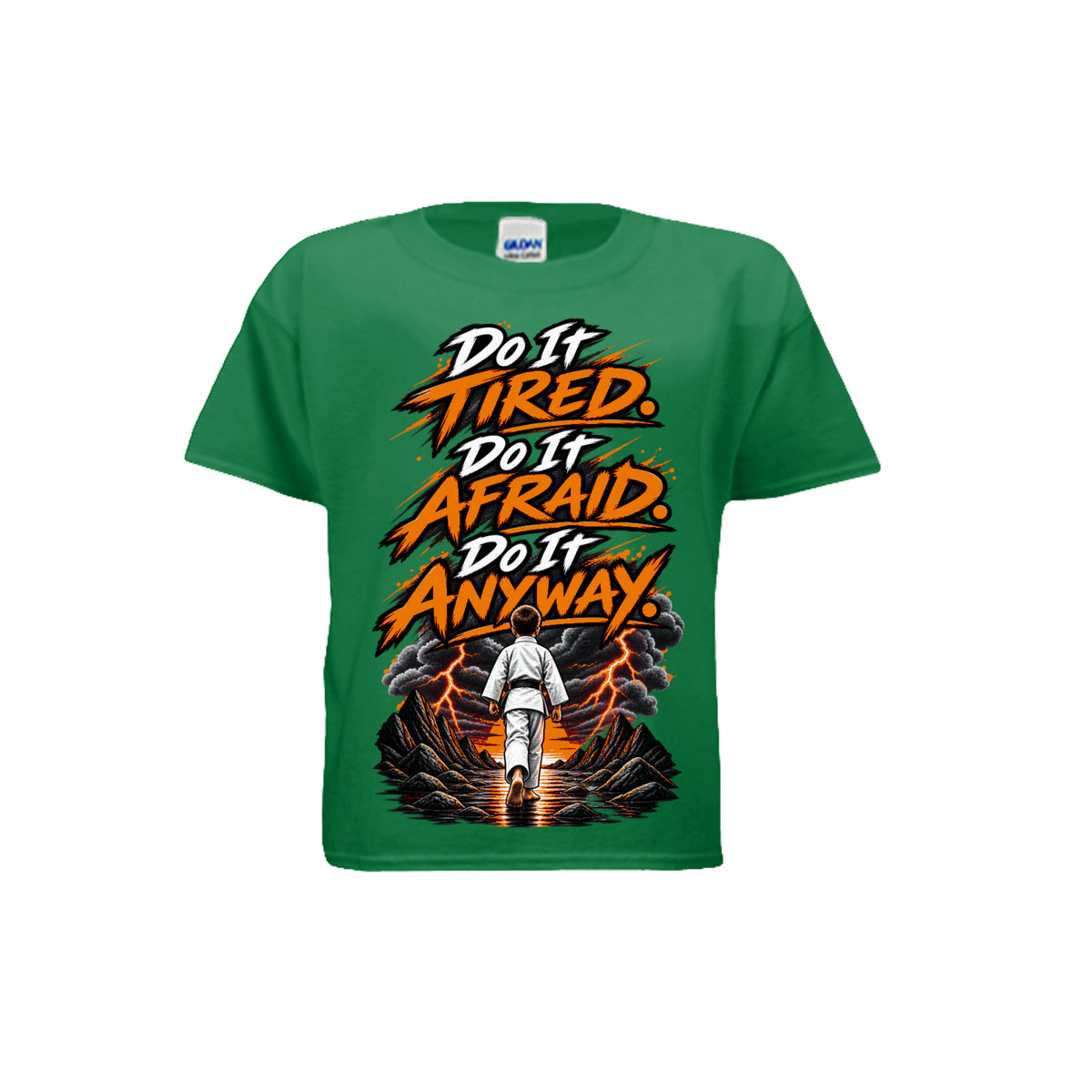 Chase the Storm youth tee in kelly green, front view by House of Martin Designs