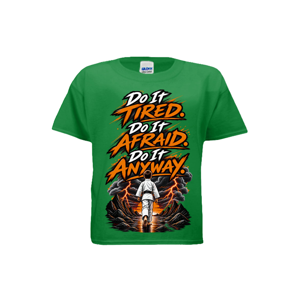Chase the Storm youth tee in irish green, front view by House of Martin Designs