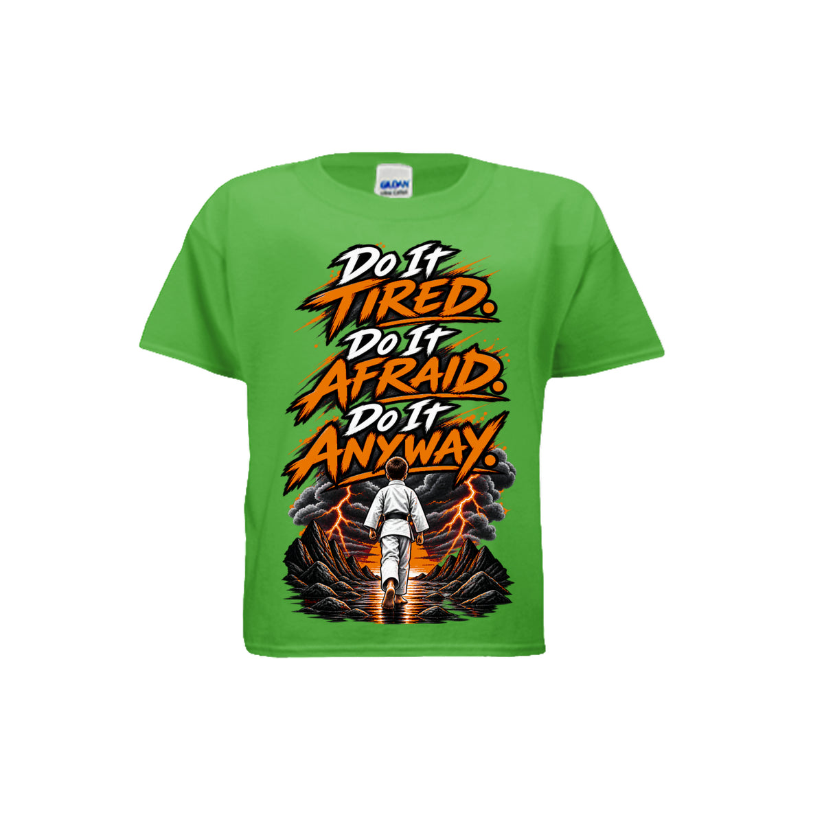 Chase the Storm youth tee in electric green, front view by House of Martin Designs