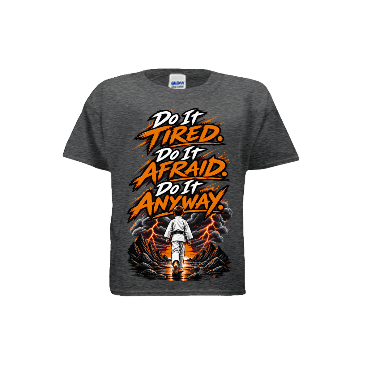 Chase the Storm youth tee in dark heather, front view by House of Martin Designs