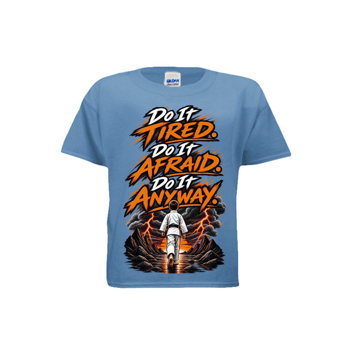 Chase the Storm youth tee in carolina blue, front view by House of Martin Designs