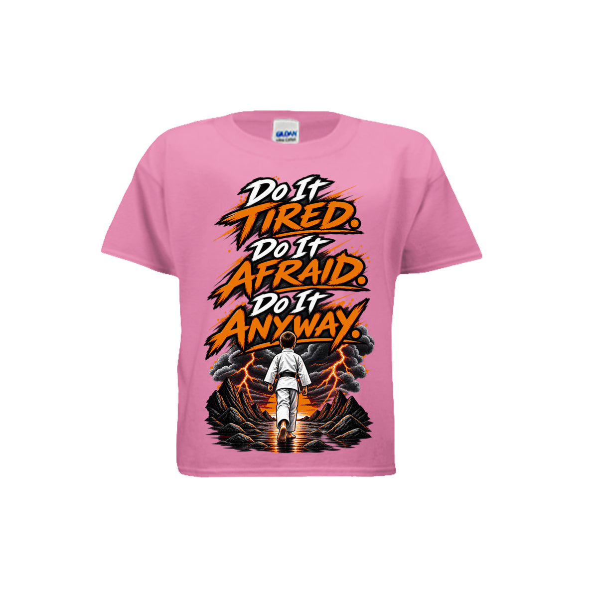 Chase the Storm youth tee in azalea, front view by House of Martin Designs