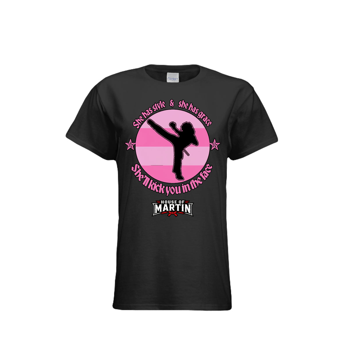 Style and Grace women's tee in black, front view by House of Martin Designs