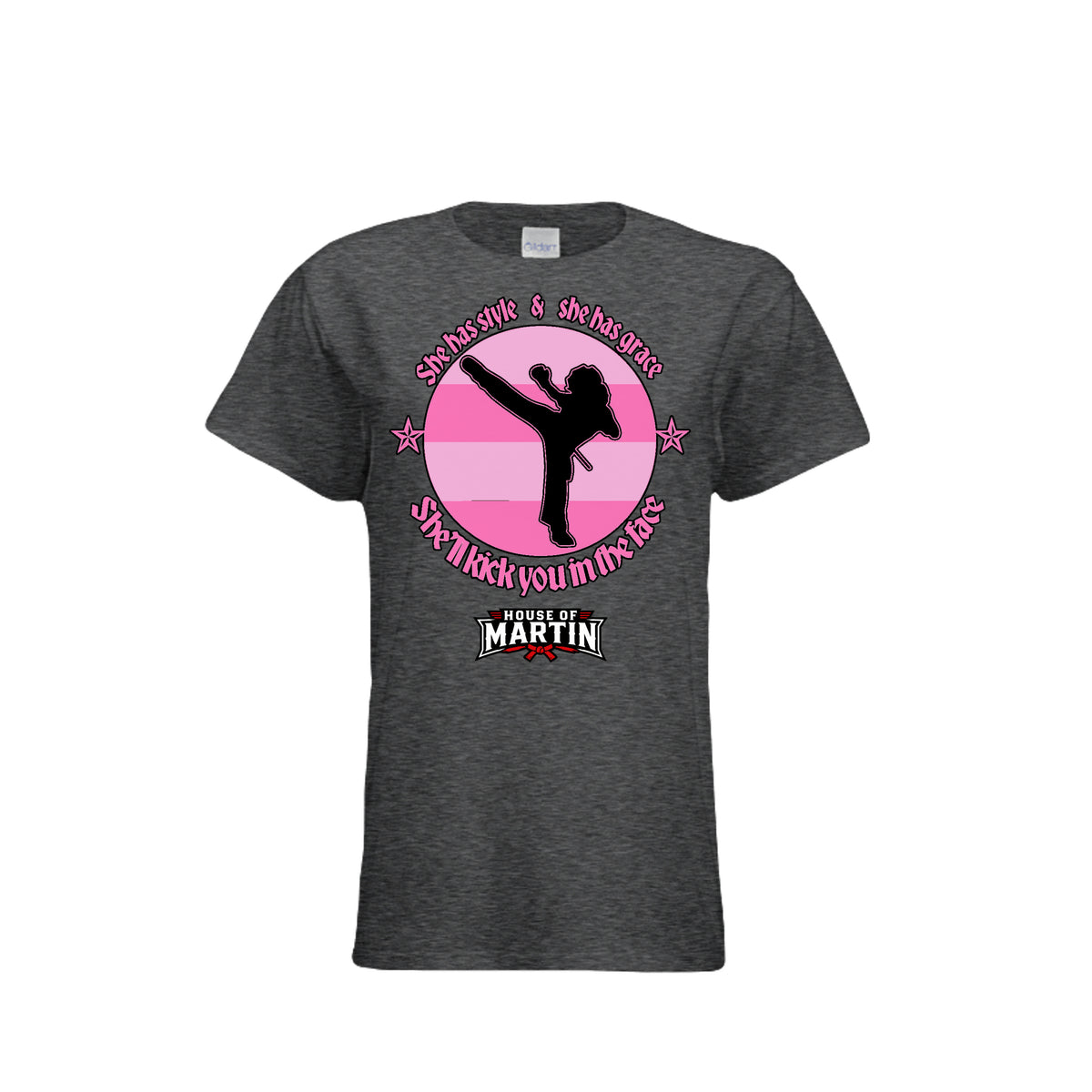 Style and Grace women's tee in dark heather, front view by House of Martin Designs