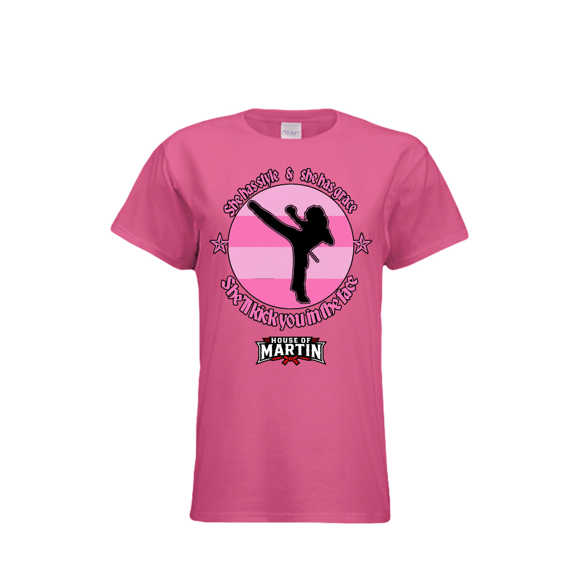 Style and Grace women's tee in heliconia, front view by House of Martin Designs