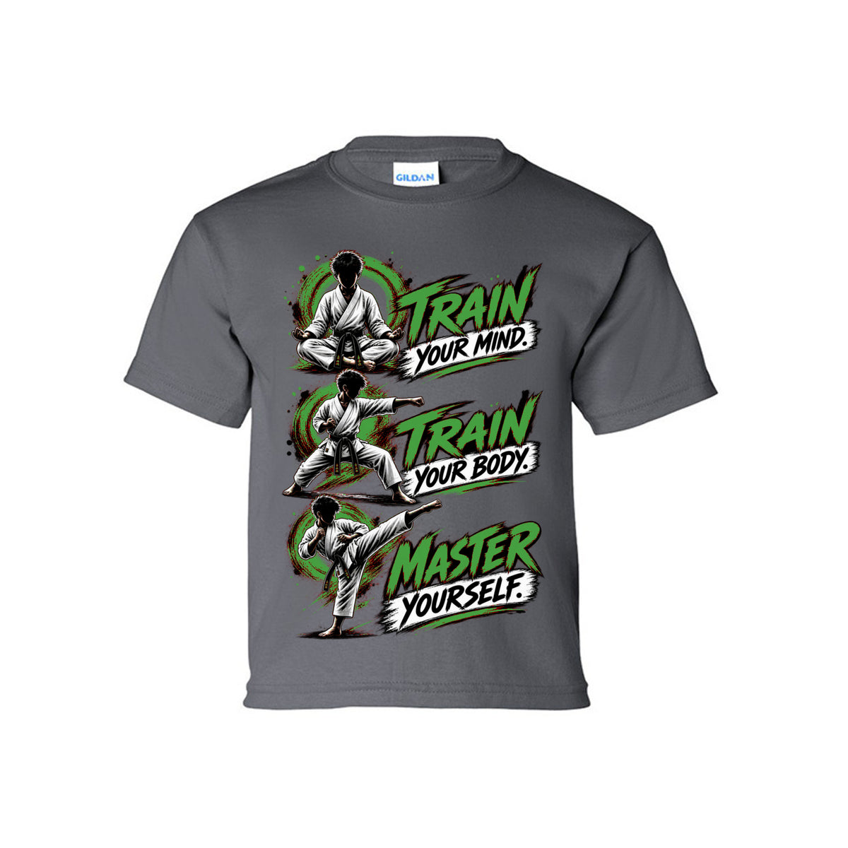 Train to Master youth tee in charcoal, front view by House of Martin Designs