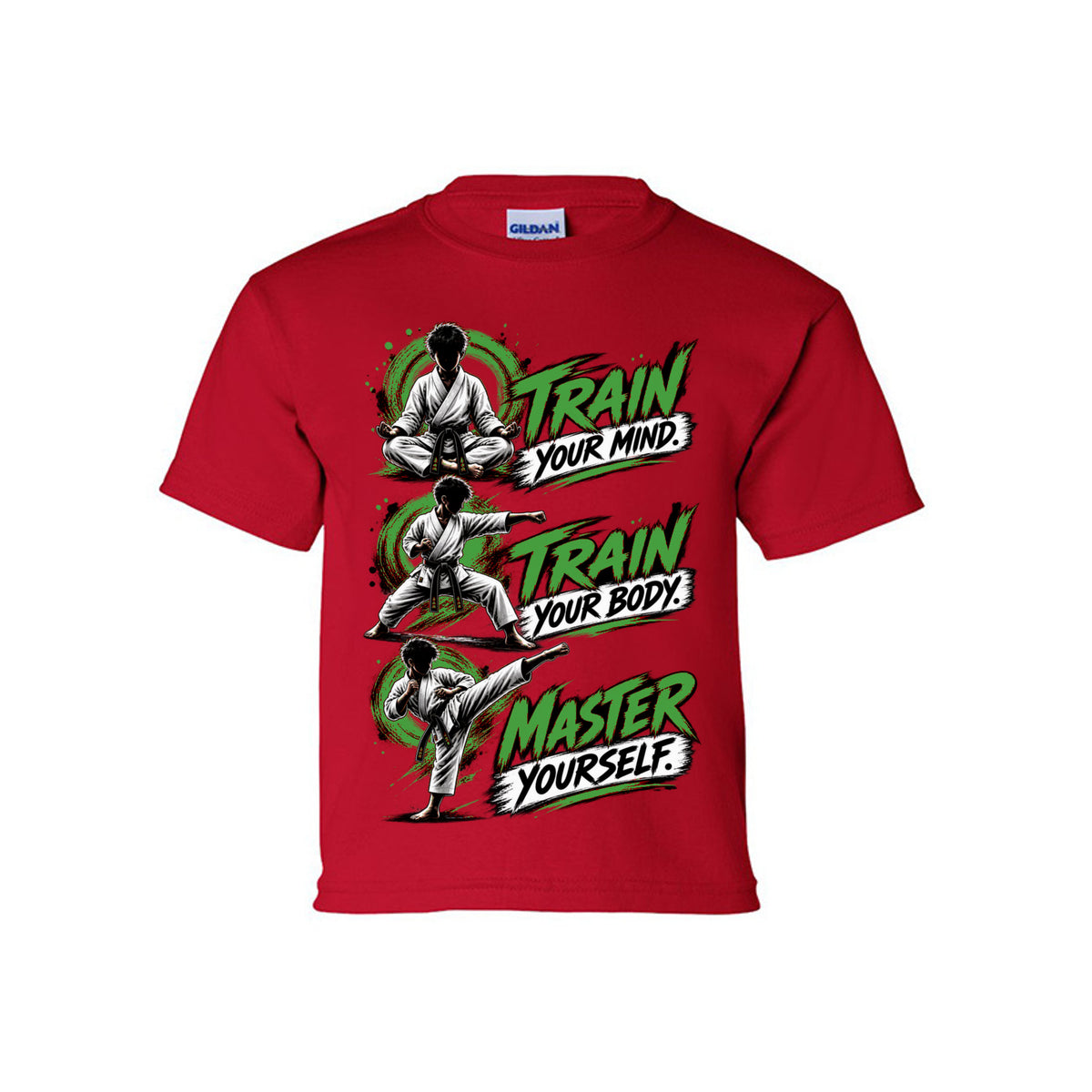 Train to Master youth tee in cherry red, front view by House of Martin Designs