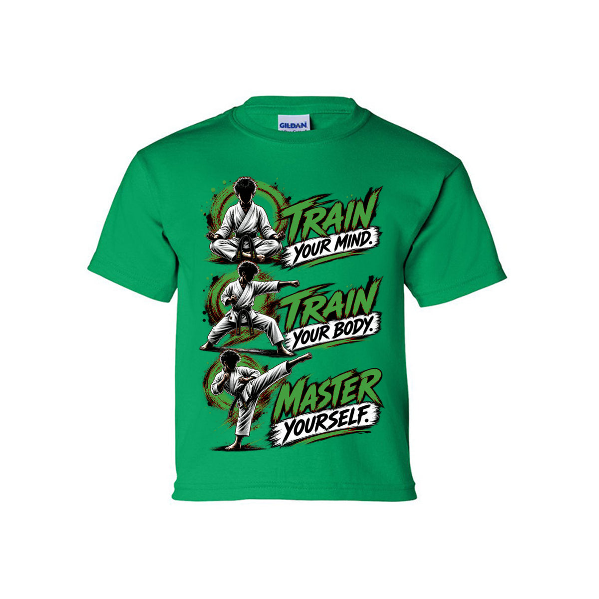 Train to Master youth tee in irish green, front view by House of Martin Designs