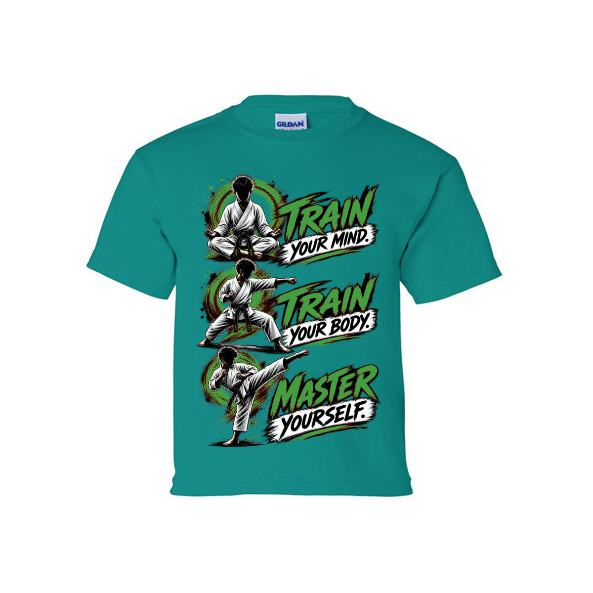 Train to Master youth tee in jade dome, front view by House of Martin Designs
