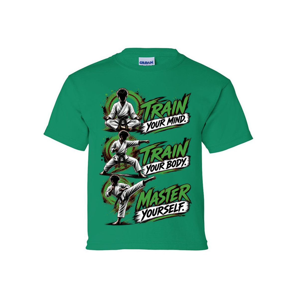 Train to Master youth tee in kelly green, front view by House of Martin Designs