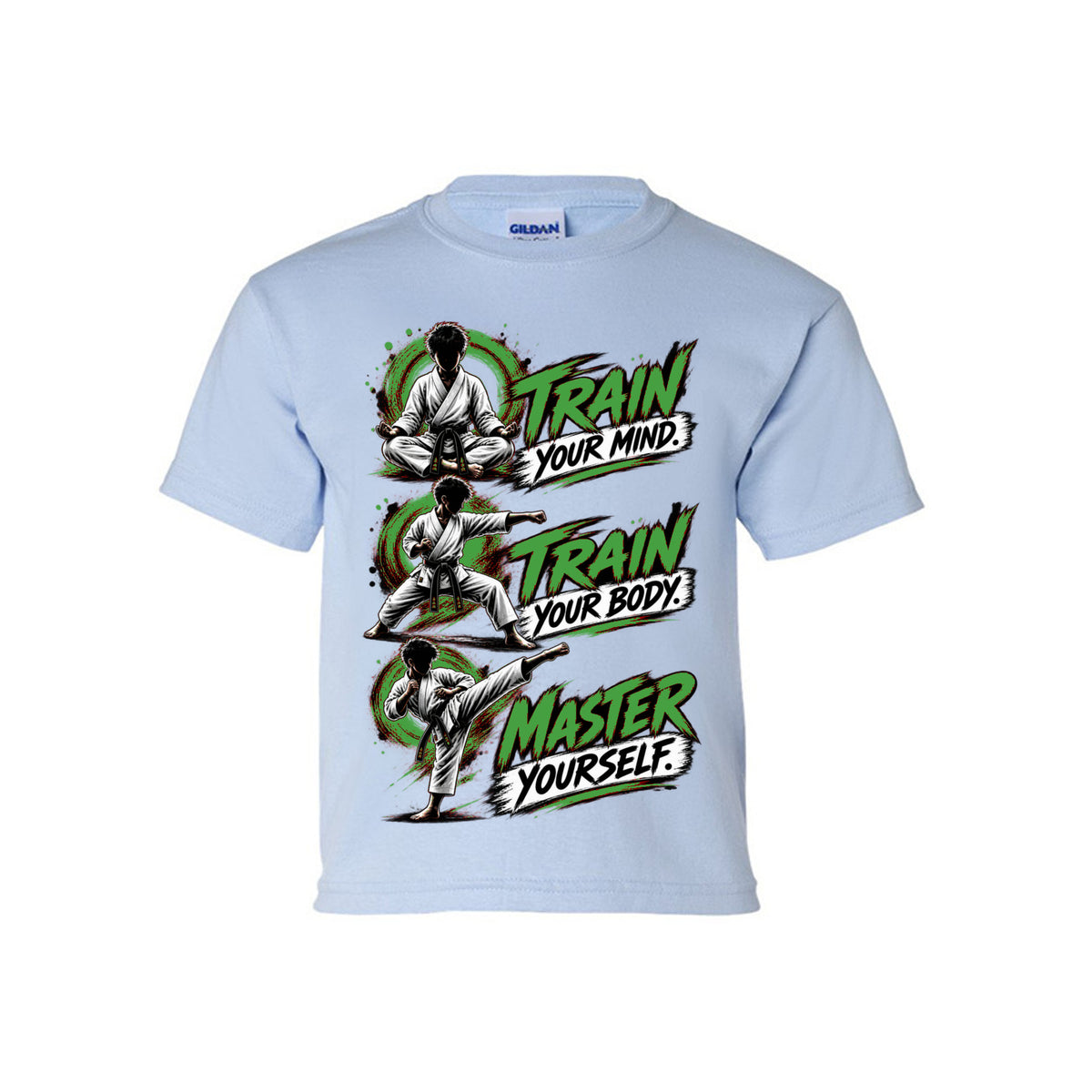 Train to Master youth tee in light blue, front view by House of Martin Designs