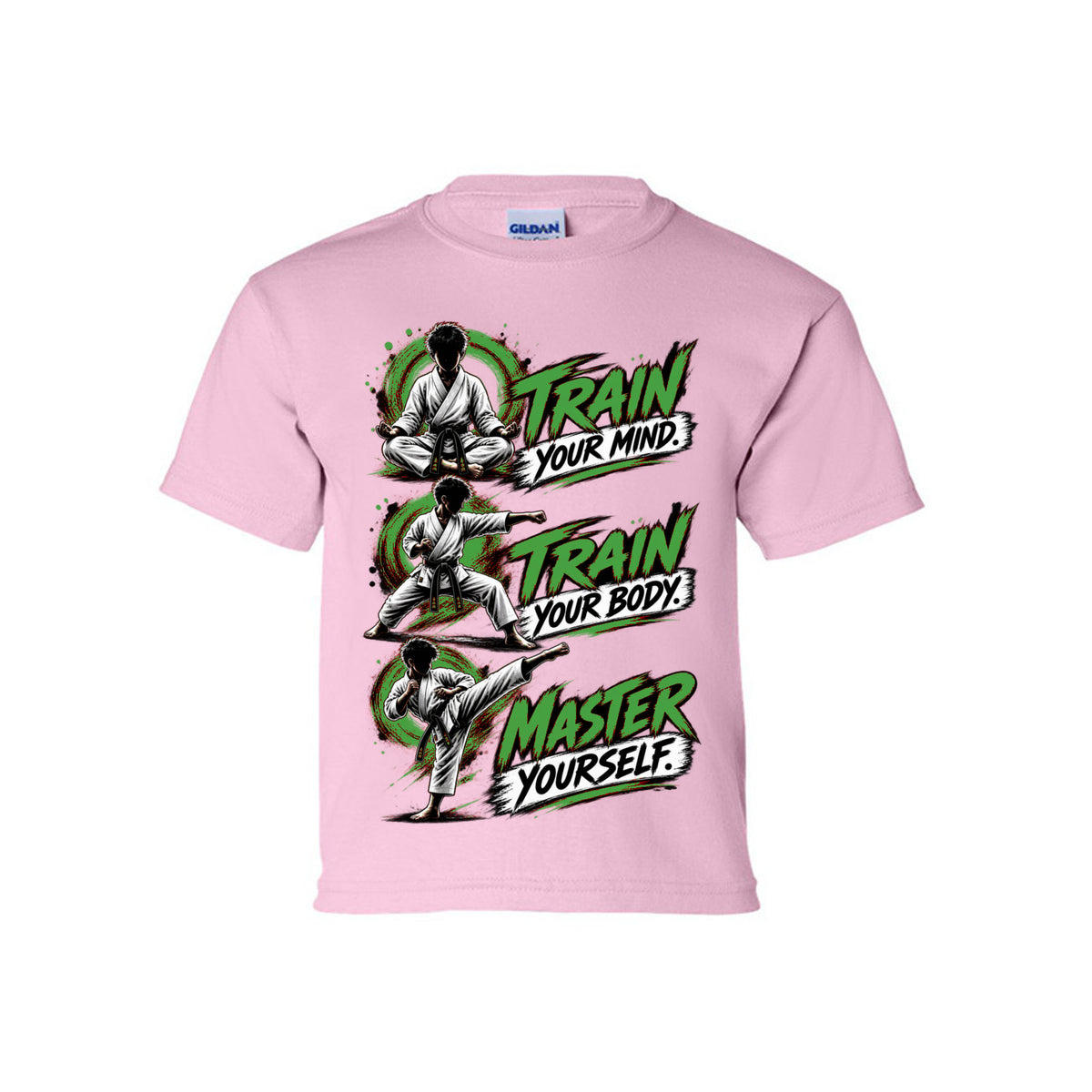 Train to Master youth tee in light pink, front view by House of Martin Designs
