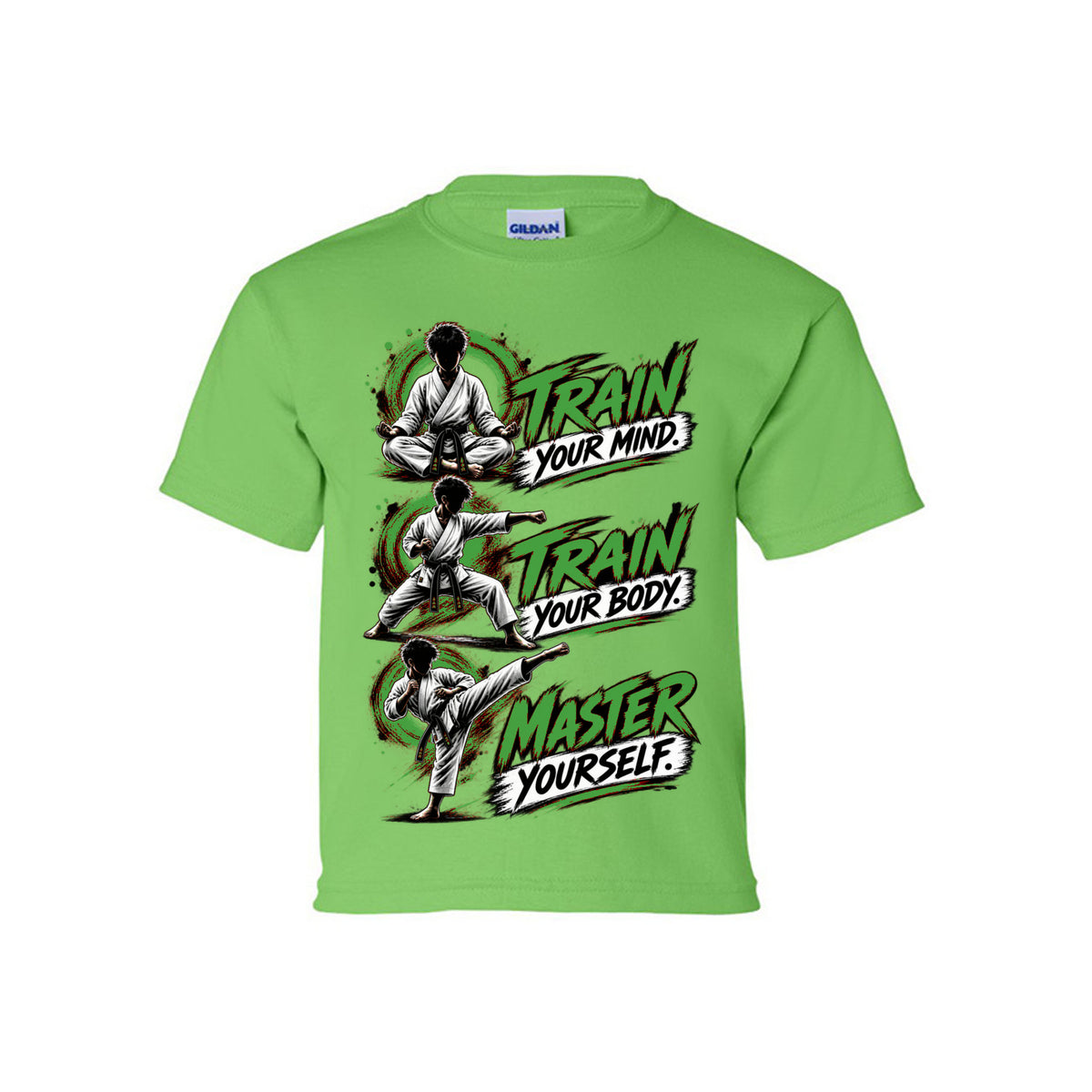 Train to Master youth tee in lime, front view by House of Martin Designs