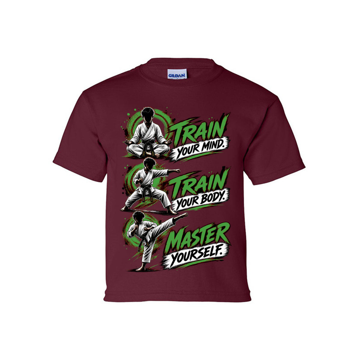 Train to Master youth tee in maroon, front view by House of Martin Designs