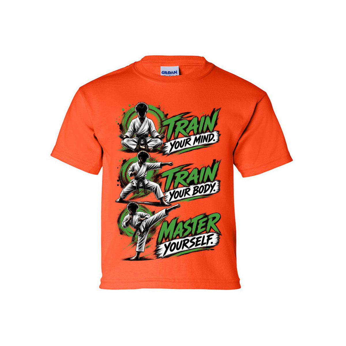 Train to Master youth tee in orange, front view by House of Martin Designs