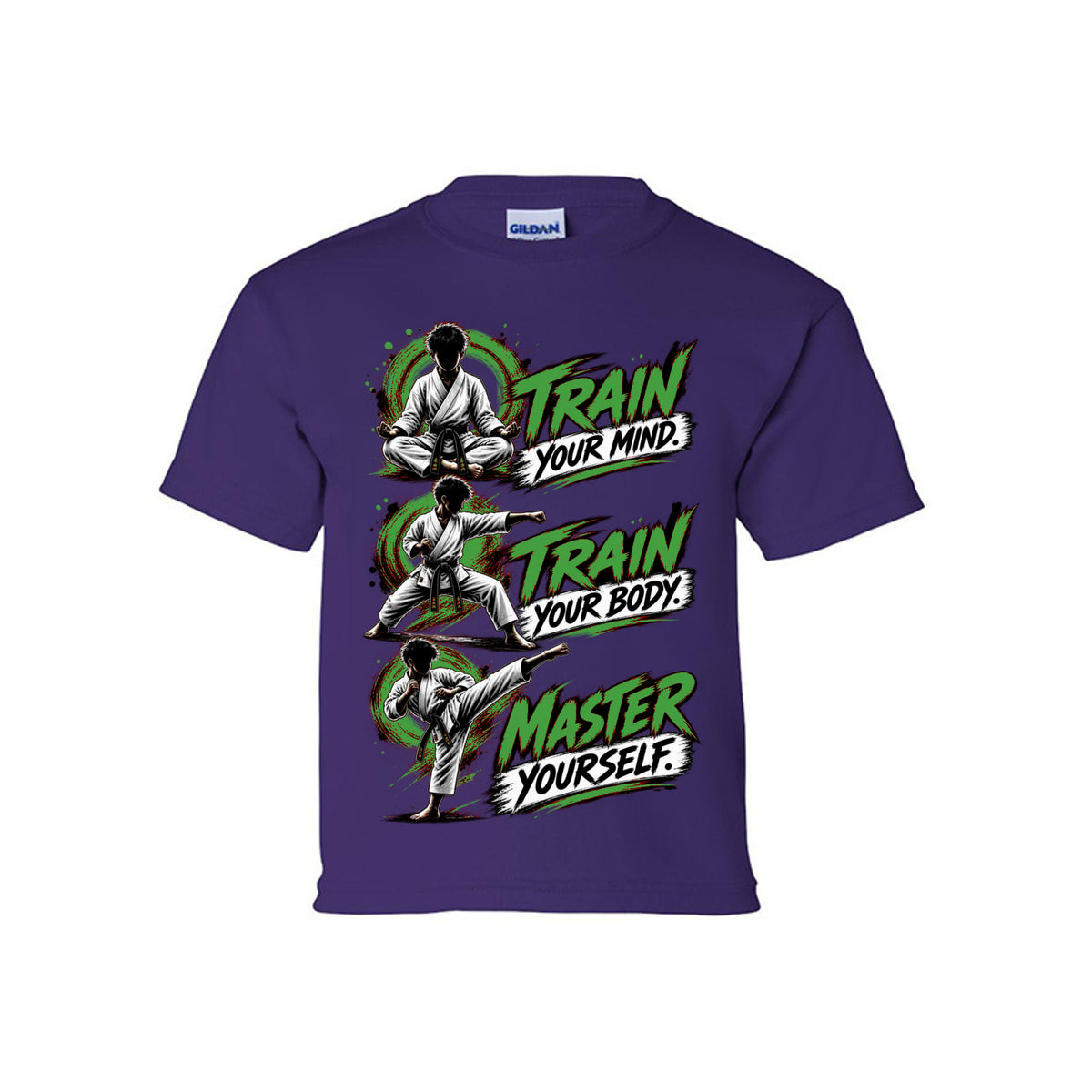 Train to Master youth tee in purple, front view by House of Martin Designs