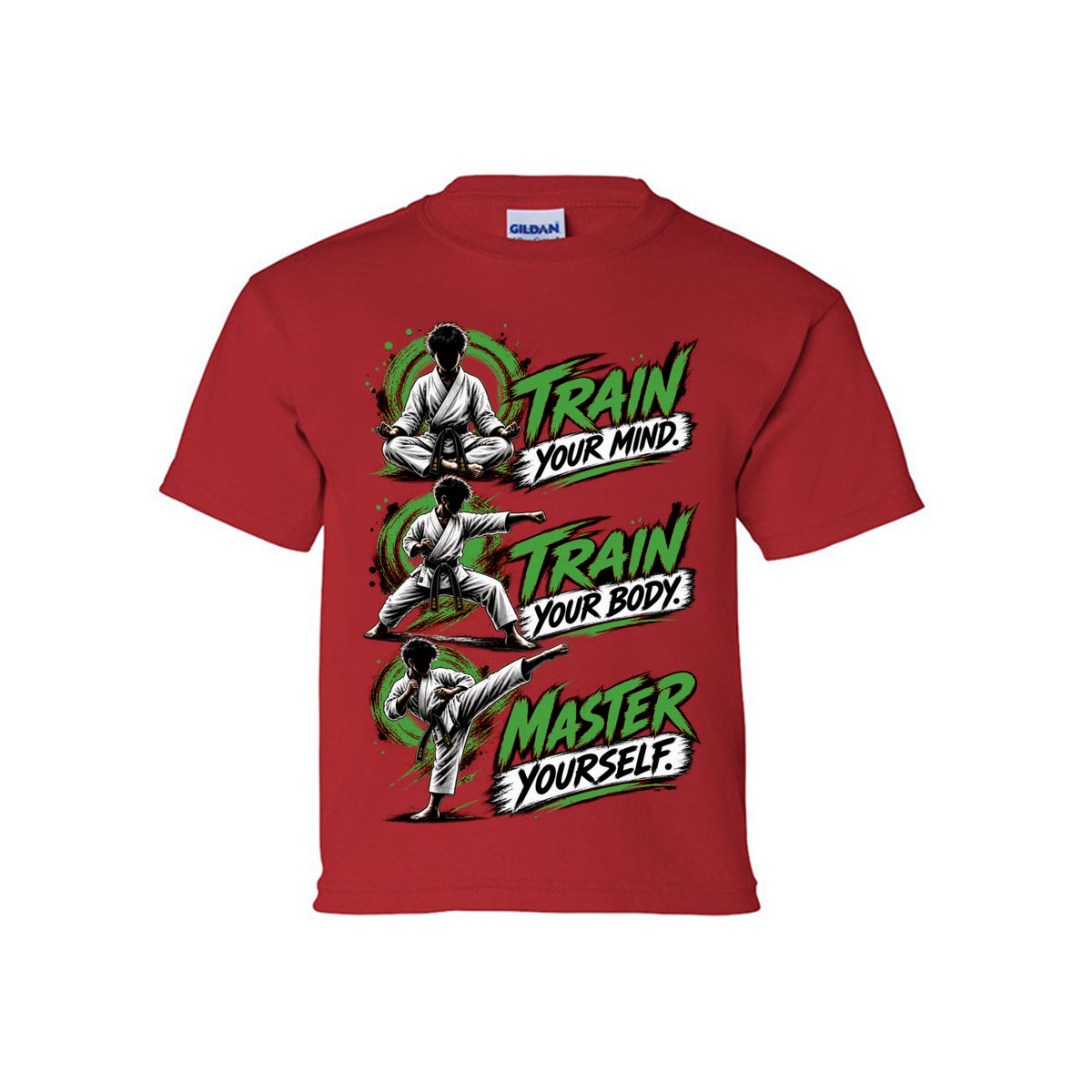 Train to Master youth tee in red, front view by House of Martin Designs