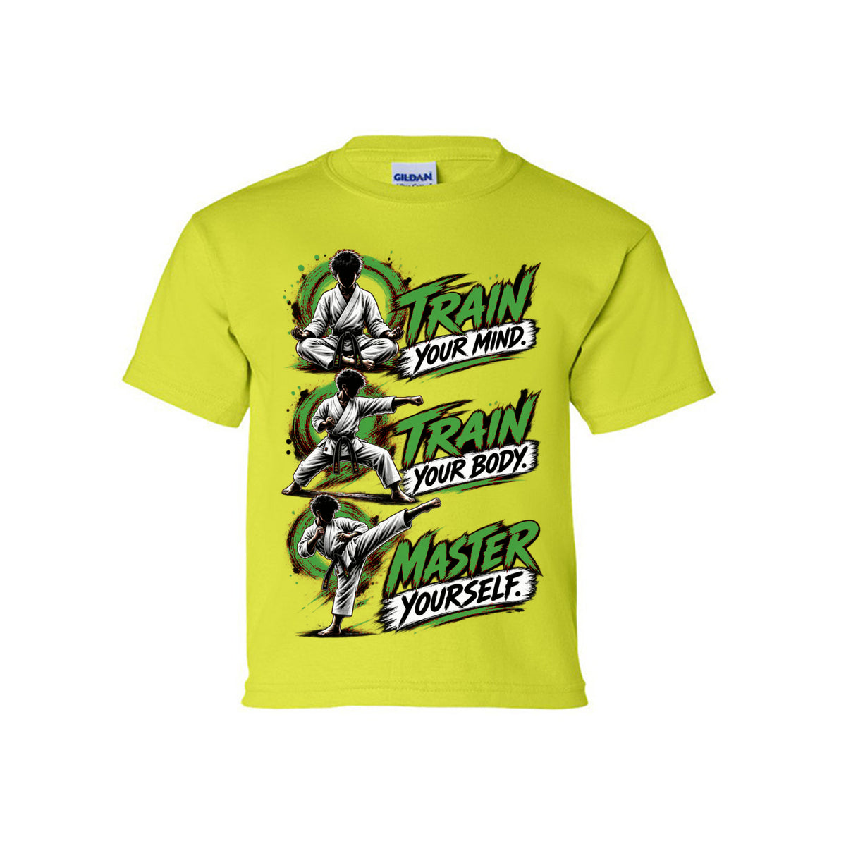Train to Master youth tee in safety green, front view by House of Martin Designs