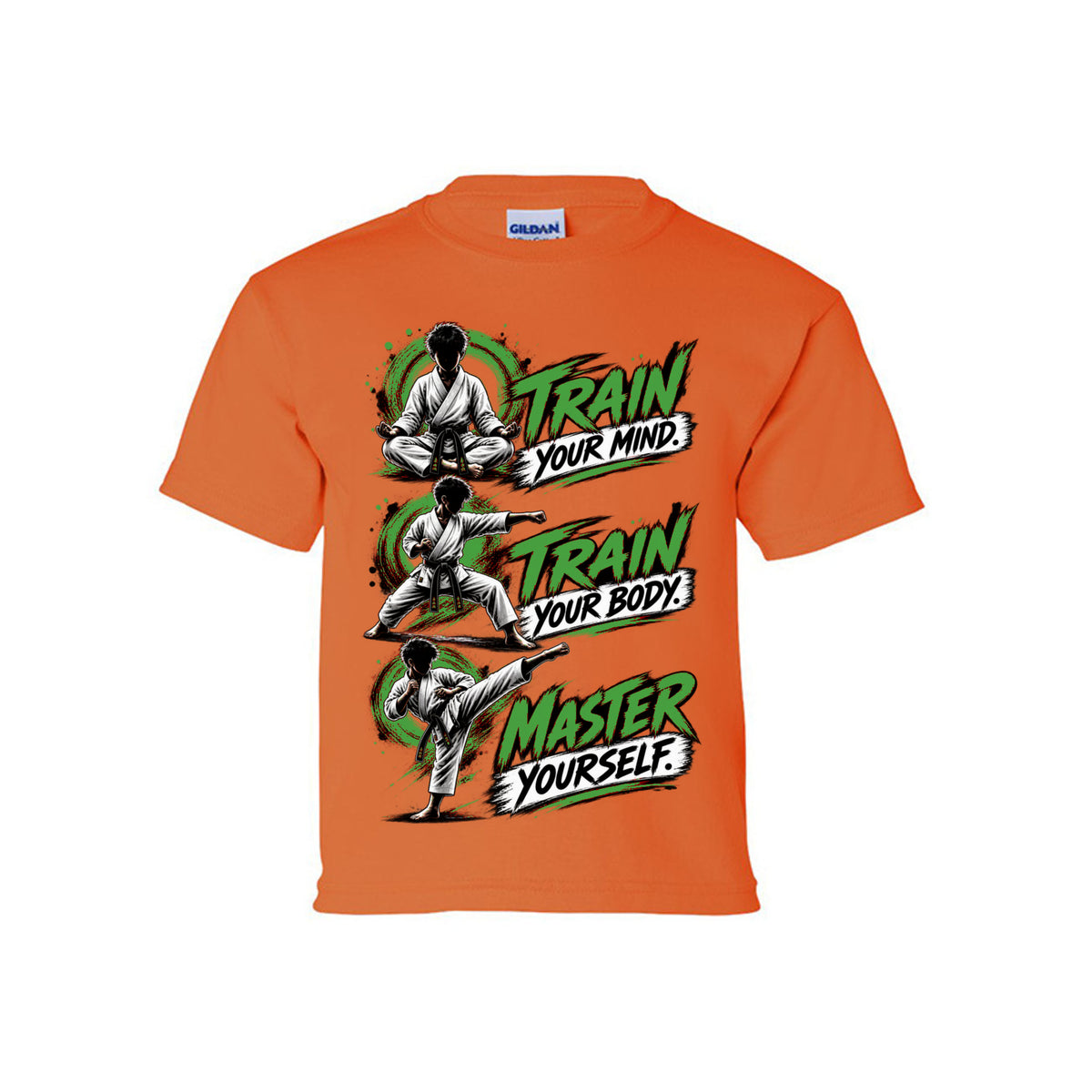 Train to Master youth tee in safety orange, front view by House of Martin Designs
