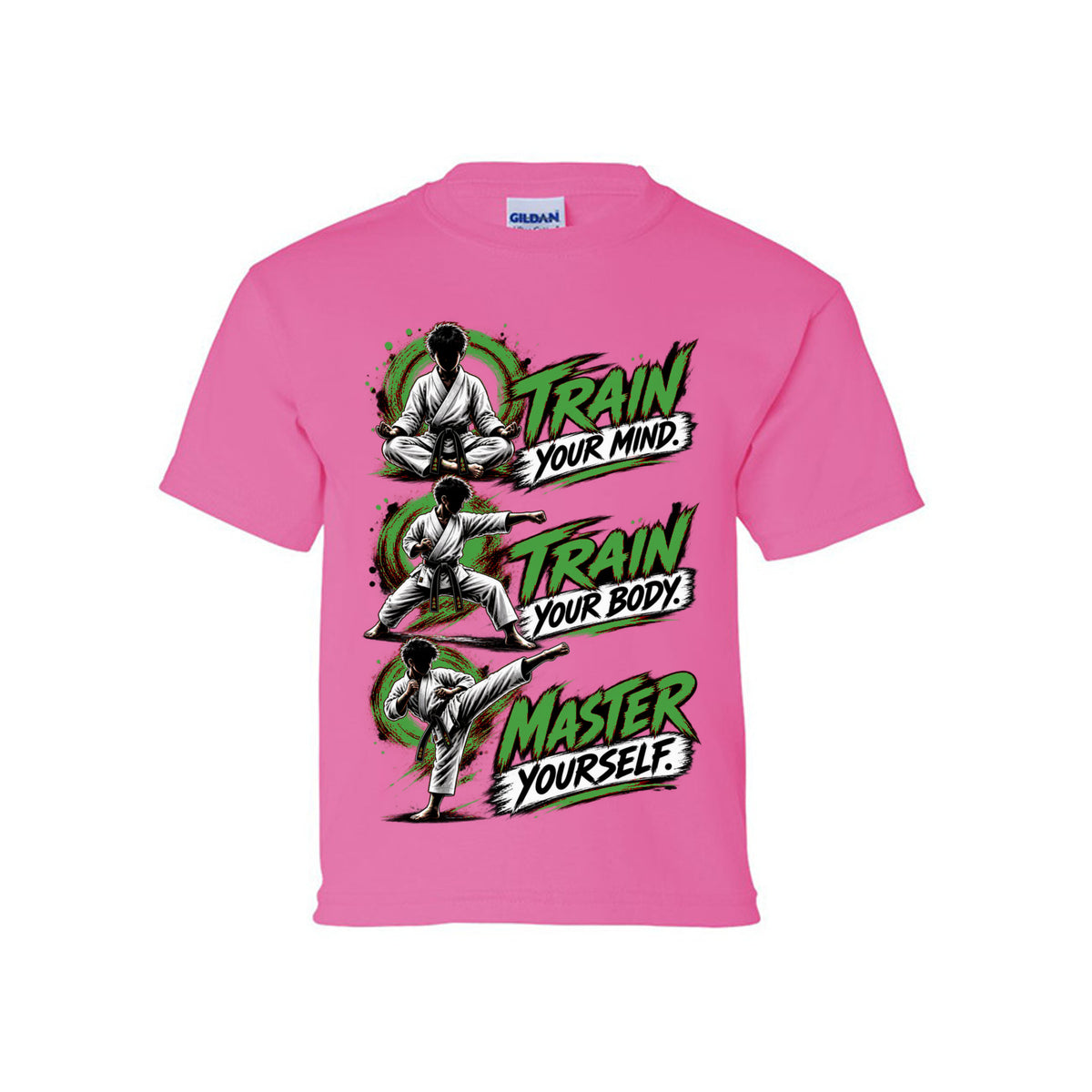 Train to Master youth tee in safety pink, front view by House of Martin Designs