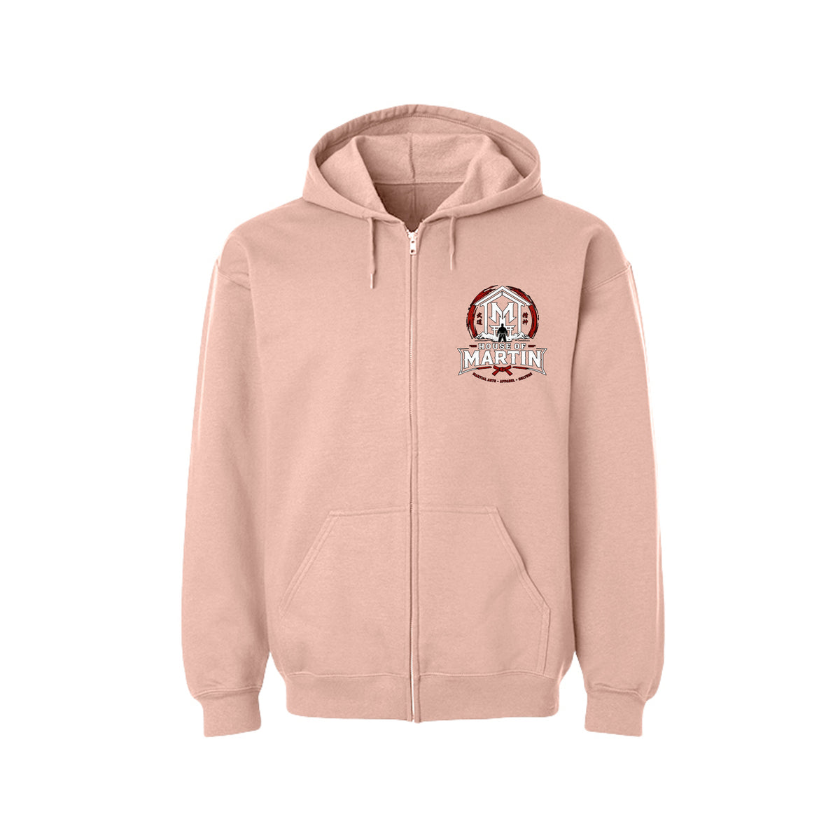House of Martin Logo full zip hoodie in dusty rose, front view by House of Martin Designs