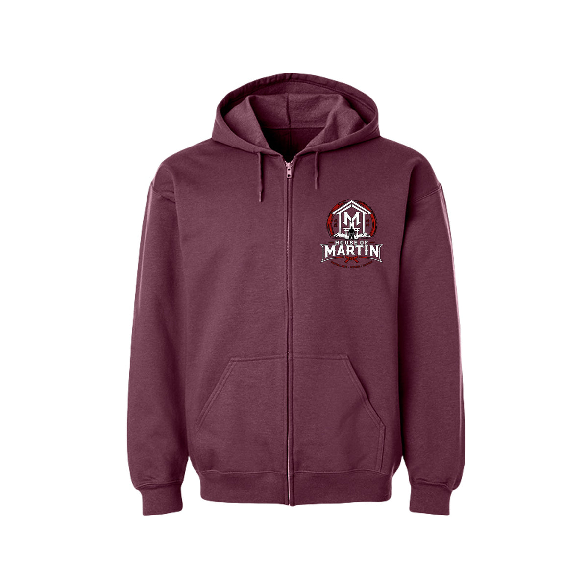 House of Martin Logo full zip hoodie in maroon, front view by House of Martin Designs