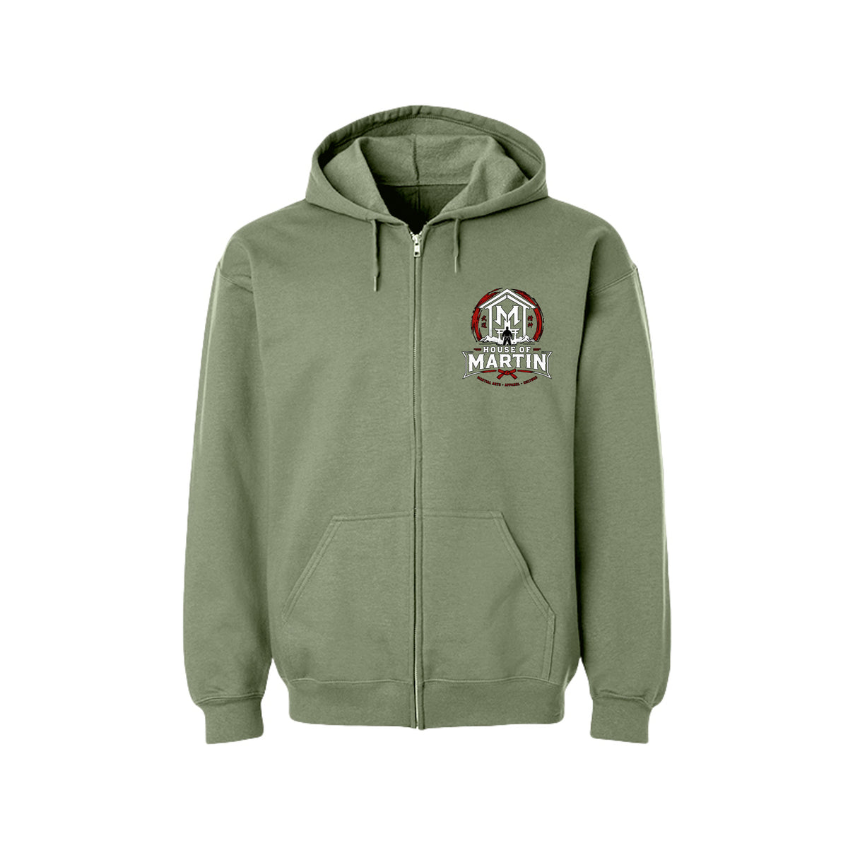 House of Martin Logo full zip hoodie in military green, front view by House of Martin Designs