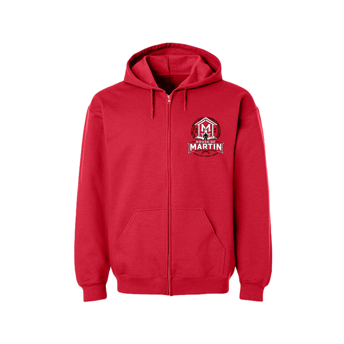 House of Martin Logo full zip hoodie in red, front view by House of Martin Designs
